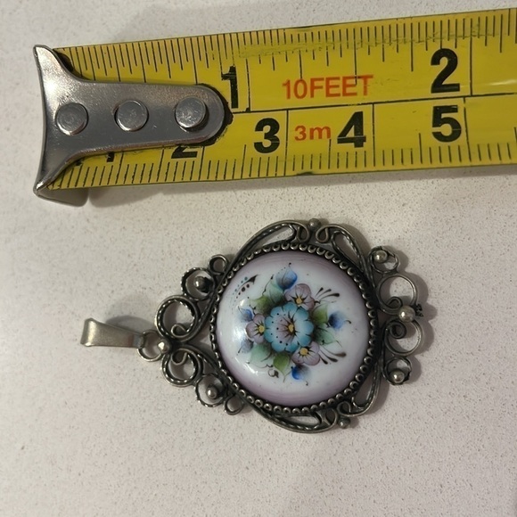 Vintage Russian Porcelain Hand Painted Flower Silver Filigree-Pendant & Brooch - Picture 6 of 8